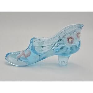 Vintage Fenton Handpainted Blue Glass Flower Slipper Signed